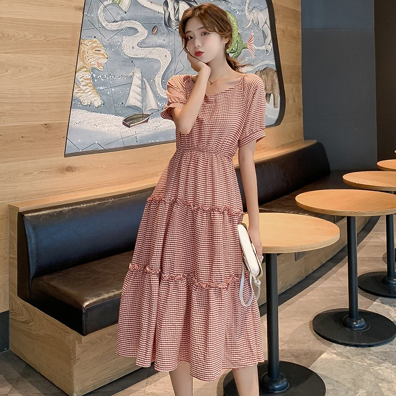 

3 Colors Women Long Plaid Dress Summer 2022 Runway Elegant Casual Party Dress Korean Vacation Dress Female Yellow Red Blue