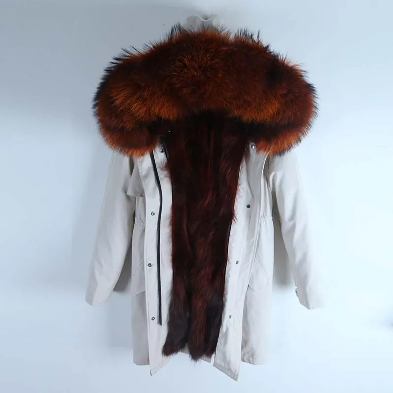 Модная Свободная куртка теплая уличная натуральный мех енота лайнер енот меховой капюшон, воротник пальто водонепроницаемая парка зимняя куртка - Цвет: 6 creamy-white