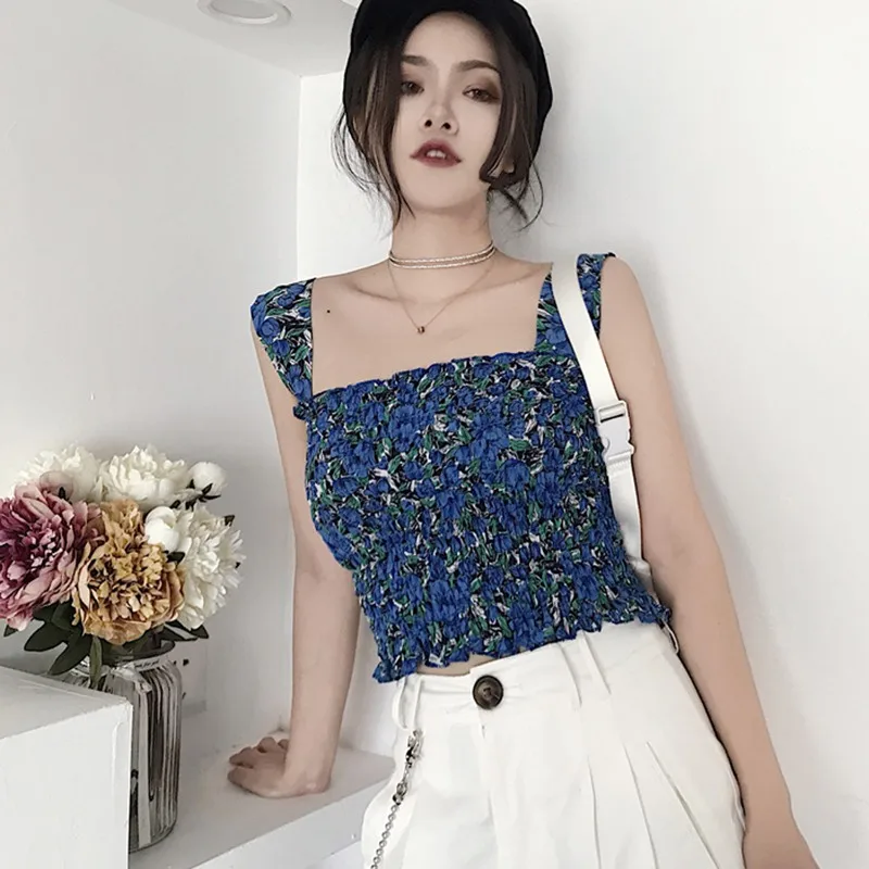 

2019 Summer Fashion Women Small Floral Print Ruffles Sexy & Club Tank Top Sleeveless Shirt Tunic Casual Crop vest