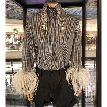 

Cosmicchic 2020 Women Long Sleeve Plaid long Blouse Diamond Tassel Collar Ostrich Wool Cuffs Shirt White Feather Gothic Top
