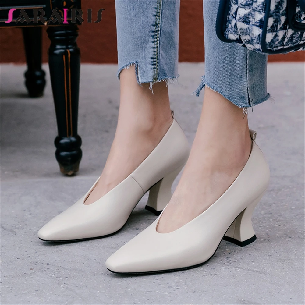 

SARAIRIS2020 New Spring Female Quality Genuine Leather Pumps High Heel Pumps Women Western Concise mixed-color Shoes Woman