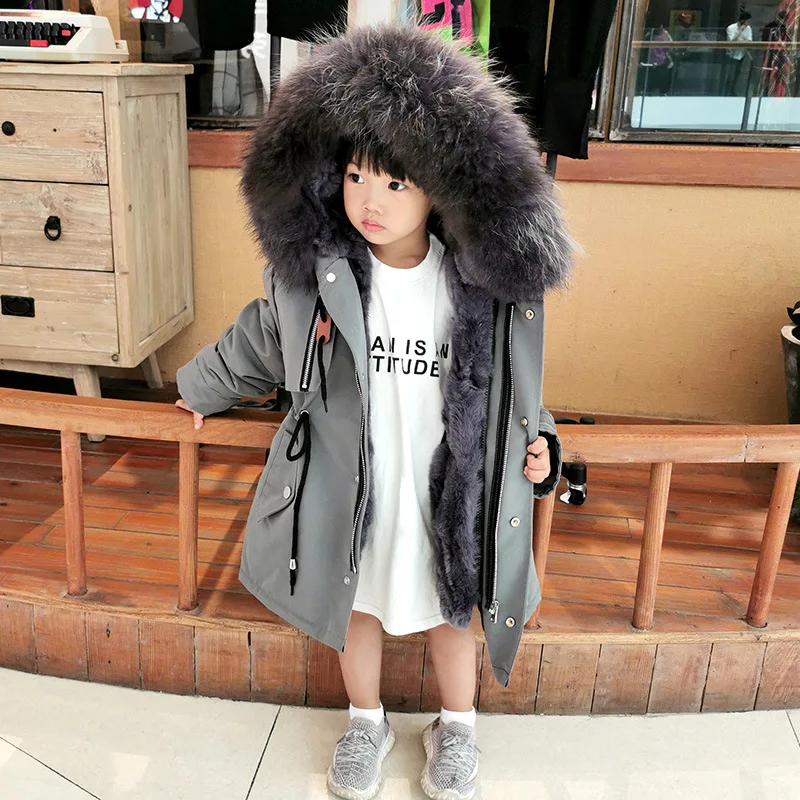 Baby Boys Girls Wadded Jackets Hooded Real Rex Rabbit Fur Collar Parkas Long Thicken Warm Winter Padded Coat Children Outerwear