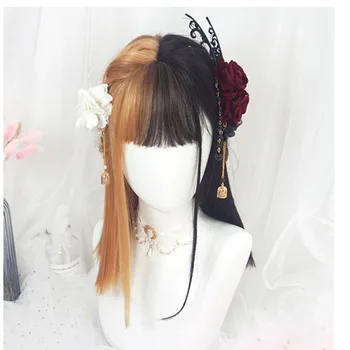 

CosplayMix 38CM Heat Resistant Lolita Black Mix Blonde Ombre Bangs Halloween Party Long Straight Synthetic Hair Cosplay Wig+Cap