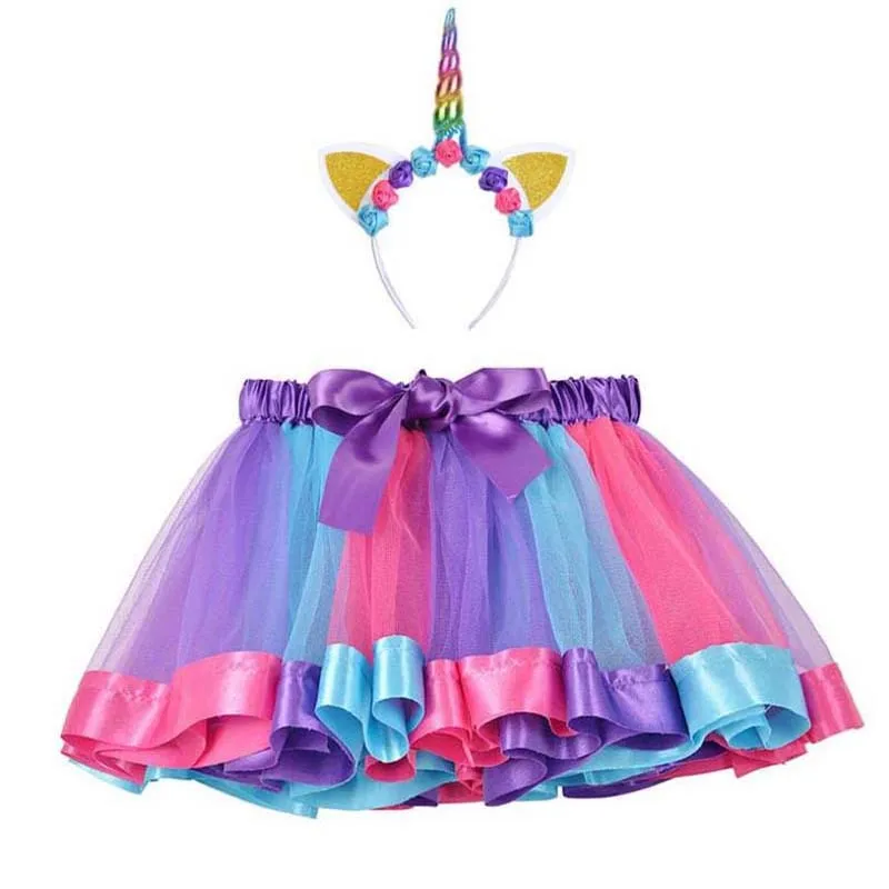 Радужные юбки+ повязка на голову "Единорог" для девочек, балетные танцевальные юбки с юбкой из тюля детское радуги, юбка-американка, юбка для девочек