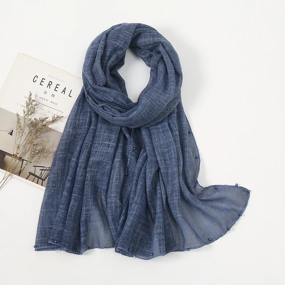 

New Arrival Cotton Scarf Glitter Scarves Plain Scarves Solid Color Hijab Pearl Shawls Wraps Women Muslim Turban Fashion Headband