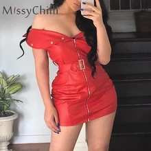MissyChilli платье из искусственной кожи с открытыми плечами женское облегающее сексуальное платье с пряжкой и поясом элегантное вечернее платье осень молния Клубное красное платье