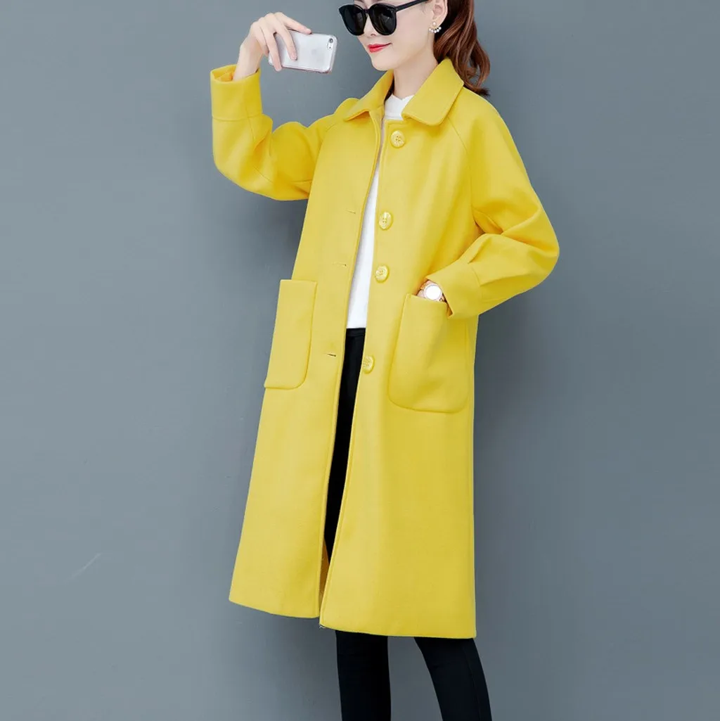 Women Warm windproof Overcoat Work Solid Vintage Winter Office Long Sleeve Button Woolen Jacket Coat Cappotto da donna#3