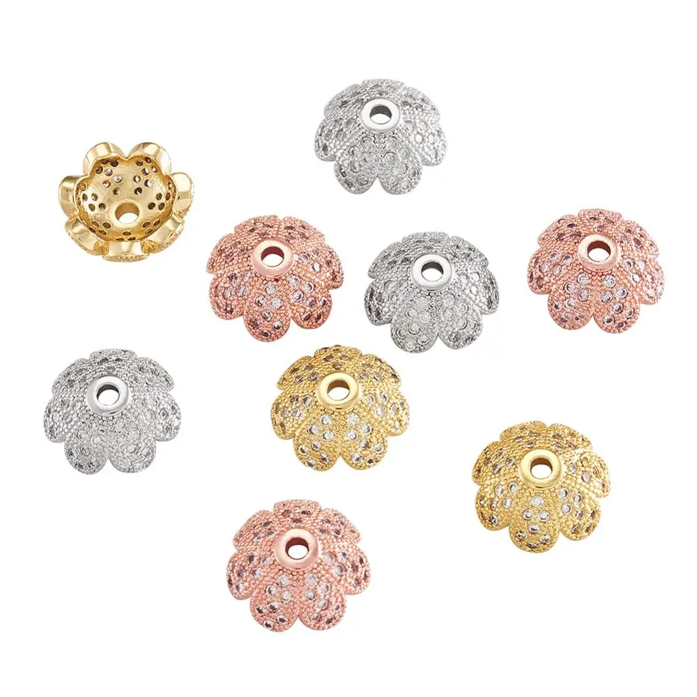 

Environmental More-Petal Flower Brass Micro Pave Cubic Zirconia Bead Caps Lead Free & Nickel Free Mixed Color 11x4.8mm, Hole:1