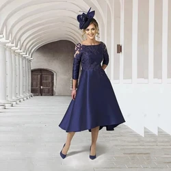 Formal Woman's Gown Tea Length Vintage Satin Mother Of The Bride Dresses With 3/4 Sleeves Scoop Neck Plus Size Robe De Soriee
