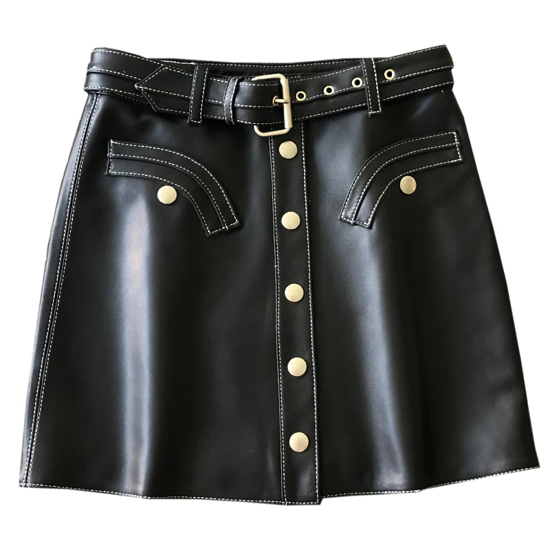 

Women high quality real leather Skirts 2019 autumn new brand designer A-line skirt high-waist sheepskin leather belt skirt A785