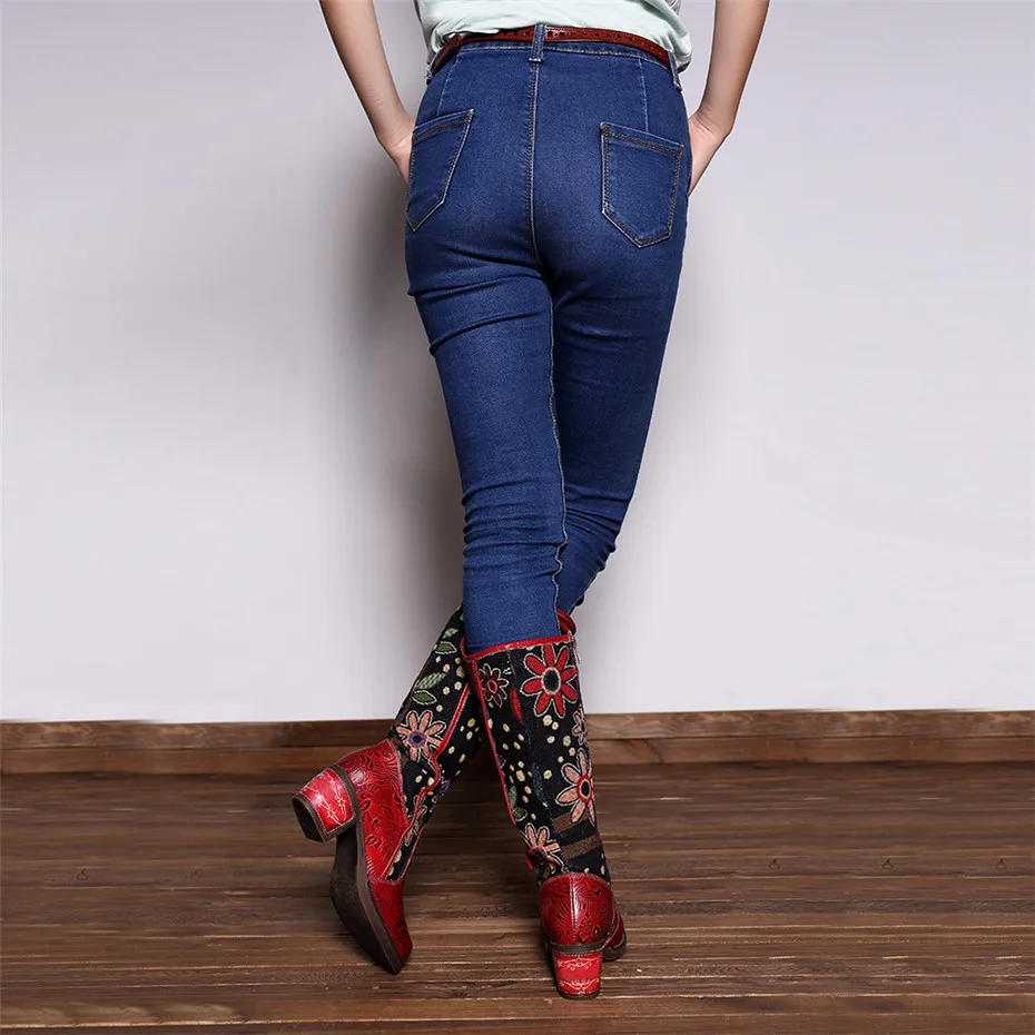 Fashion Patchwork Western Cowboy Boots Women Shoes Bohemian Genuine Leather Shoes Woman Vintage Side Zip Knee High Riding Boots (2)