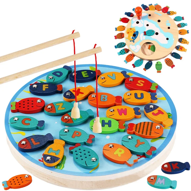 

Magnetic Wooden Fishing Game Toy for Alphabet Fish Catching Counting Board Games Toys for 2 3 4 Year Old Girl Boy Kids Birthday