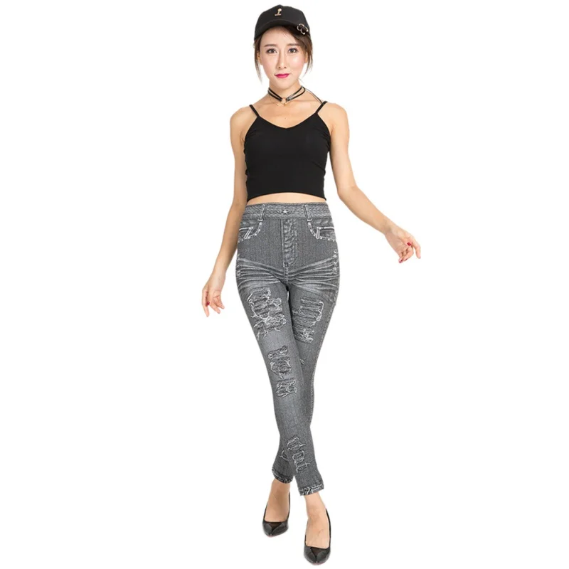 

Sexy Women Elastic Seamless Stretch Leggings Pull-On Ripped Distressed Jeggings Ripped Skinny Ankle Length Leggings