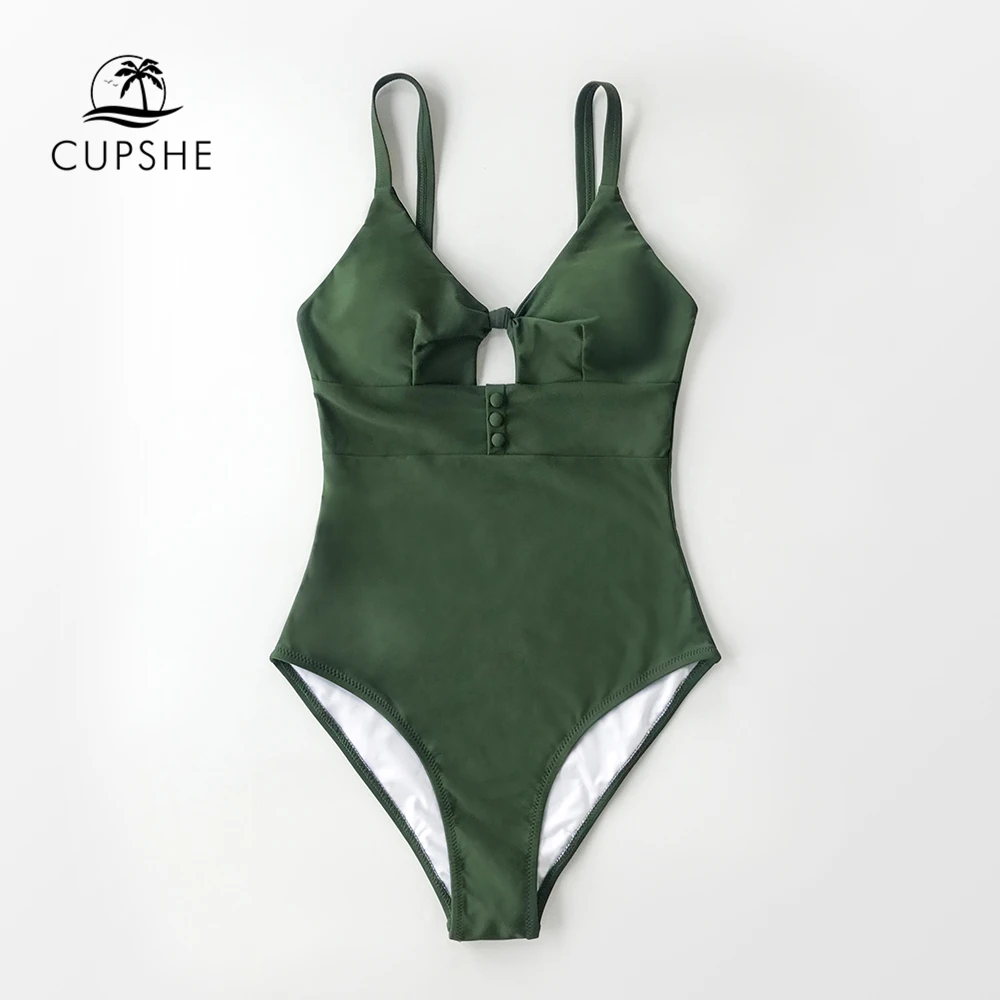 CUPSHE однотонный темно-зеленый Цельный купальник на пуговицах, женский сексуальный Монокини с вырезом на спине,, пляжный купальный костюм для девочек, купальники