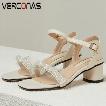 

VERCONAS Women Beaded Elegant Brand Design Thick Heel Sandals Square Toe Party Pumps High Heels Genuine Leather Shoes Woman