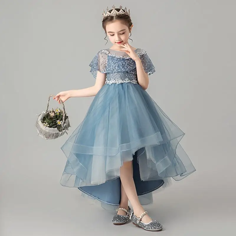 

2019 Children Girls Mesh Trailing Lace Dresses Kids Girl Wedding Pageant Birthday Party Vestido Costume Princess Ball Gown F91