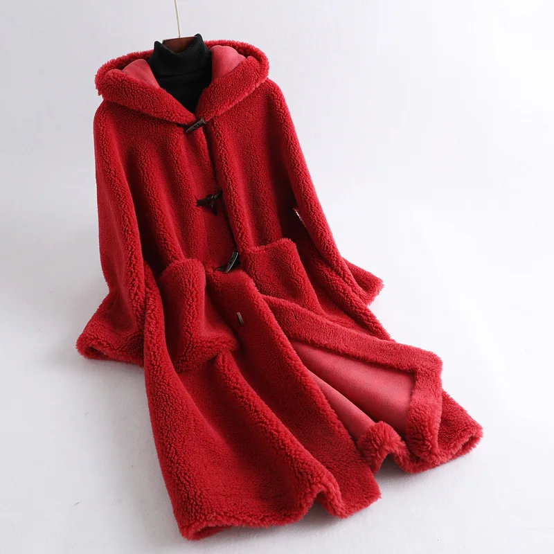 Бутик, женские шерстяные куртки средней длины, зимние утепленные женские пальто с мехом ягненка, пушистая плюшевая верхняя одежда с капюшоном, пальто - Цвет: red