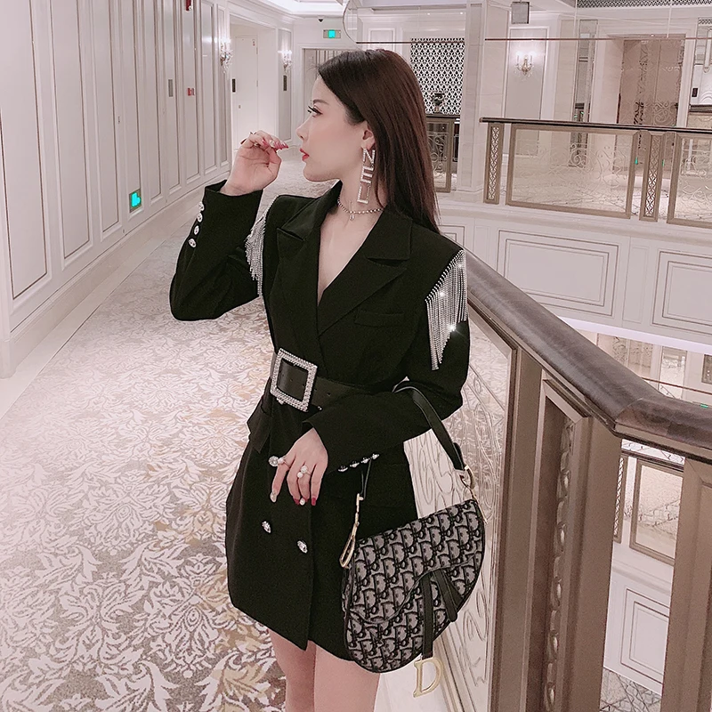 

New Autumn Lady Heavy Diamond Drilling Fringes Double-breasted Medium Long Suit Jacket with Belt Women Slim Black Blazer Dress