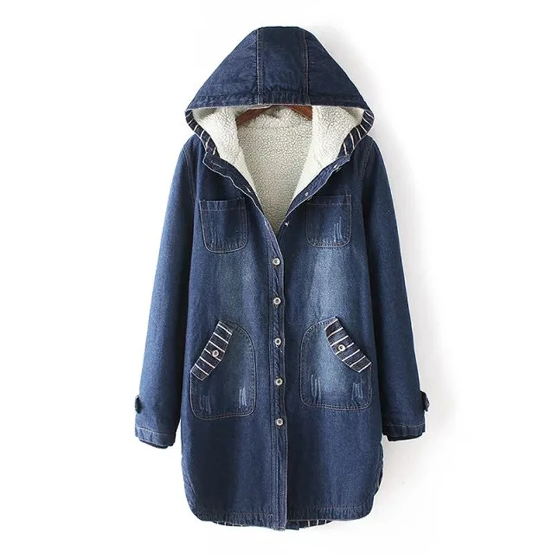 

Large Size Denim Jacket Female Hooded Autumn Winter Plus Velvet Cotton Aphid Women's Winter Warm Cotton Clothes Denim Coat