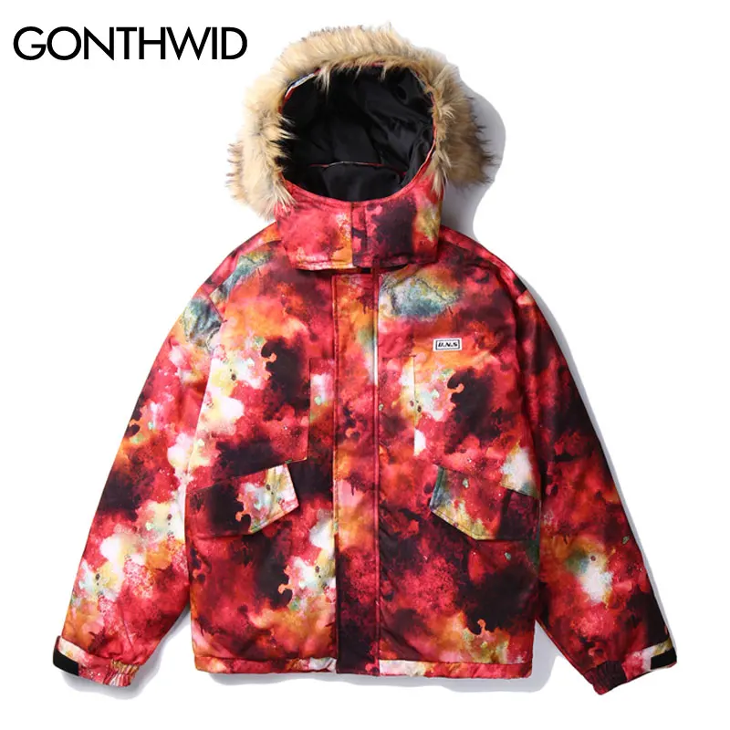 GONTHWID Galaxy Cotton Padded Removable Fur Hooded Parkas Coats Winter Fashion Thick Warm Parka Jackets Streetwear Hip Hop Tops