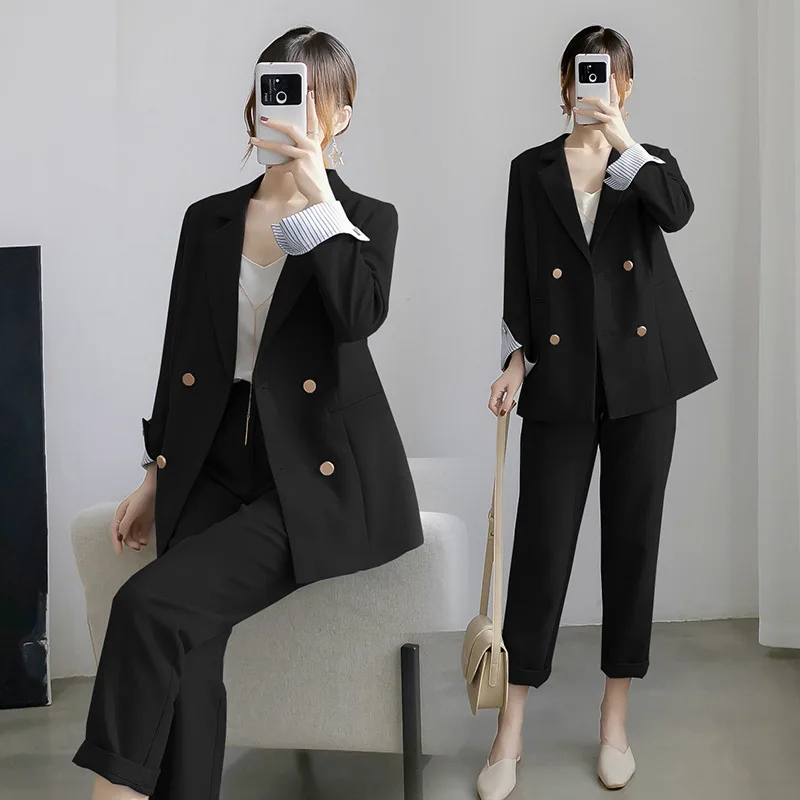 

Work Pant Suits OL 2 Piece Sets Double Breasted Plus Size 5XL Blazer Jacket Oversized Trousers Suit For Women Set