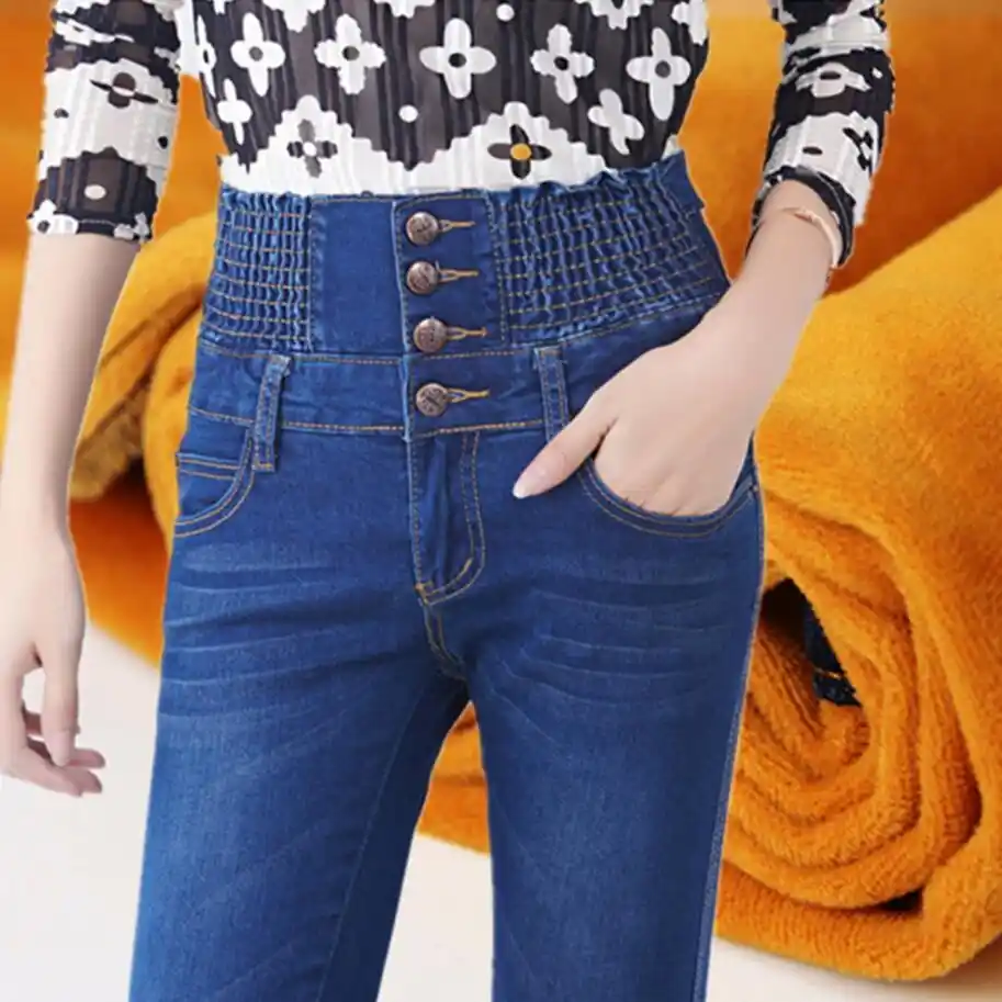 women's fleece lined jeans with elastic waist