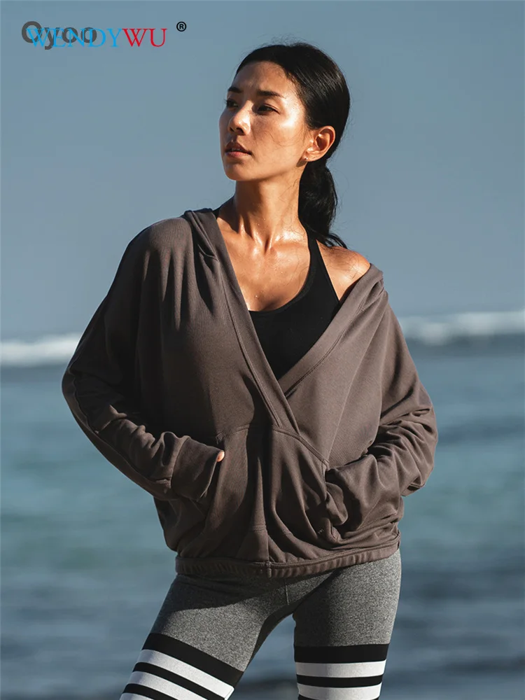 Хлопковая женская толстовка серого цвета, удобный тренировочный пуловер для бега, свободная толстовка, мягкая спортивная одежда, спортивный свитер с v-образным вырезом, куртка для йоги