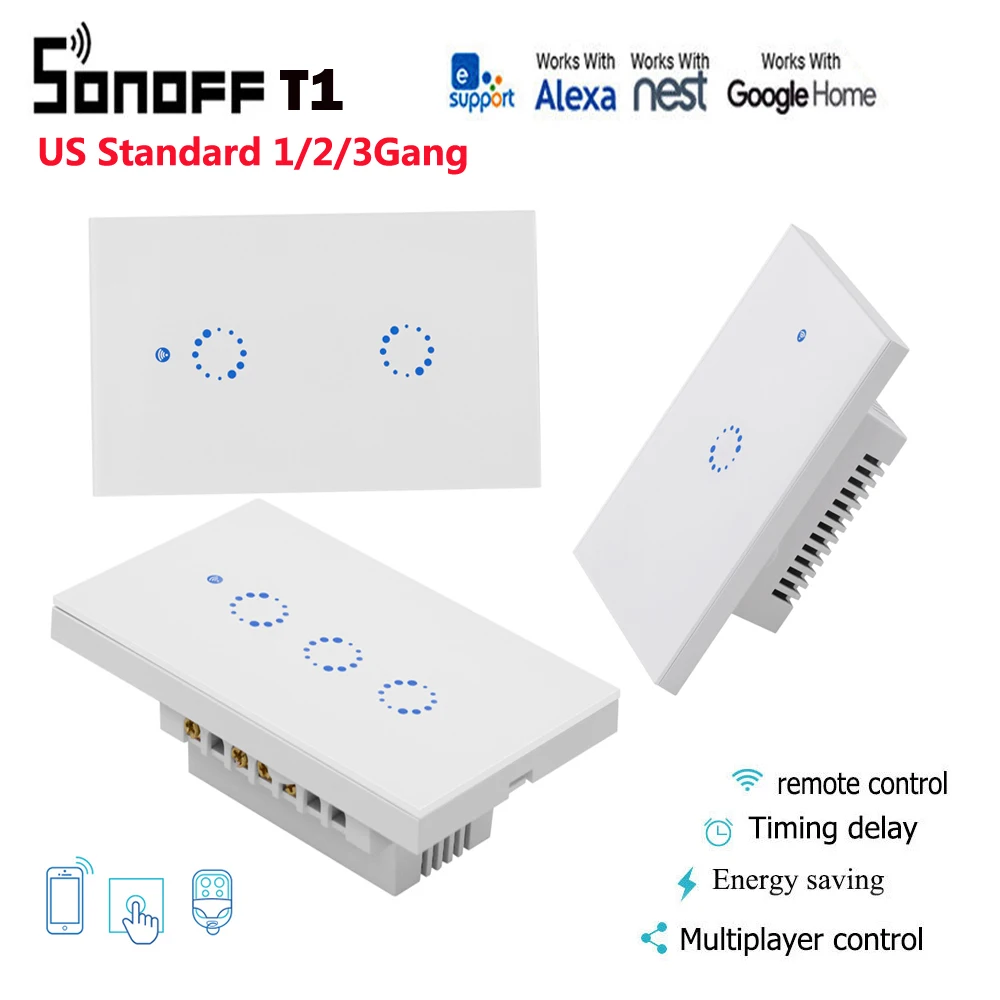 

Itead Sonoff T1 Smart home Wall Light switch panel 1/2/3Gang US plug 315MHz RF Remote/Touch Works with Alexa Google Home IFTTT