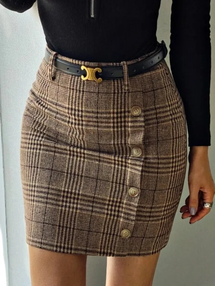 Юбка женская клетчатая из смешанной шерсти с имитацией пуговиц и высокой талией |