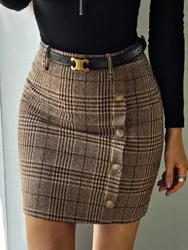 Sruby xadrez falso botão de lã mix tecido saia bodycon sexy cintura alta mini saia mulher saia de verão mujer faldas