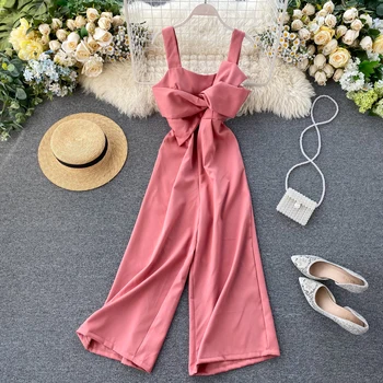 

Teeuiear Slim 2020 Sexy Knot Jumpsuit Spaghetti Strap rompers Summer Full Length Women High Waist Playsuit Casual Beach Romper