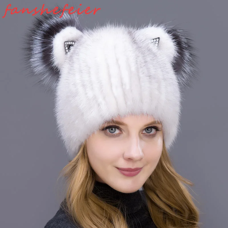 Новая мода хорошего качества женская зимняя Вертикальная ткацкая шляпа оригинальная натуральная лиса норковая шапка милые кошачьи ушки стиль шляпы - Цвет: COLOR2