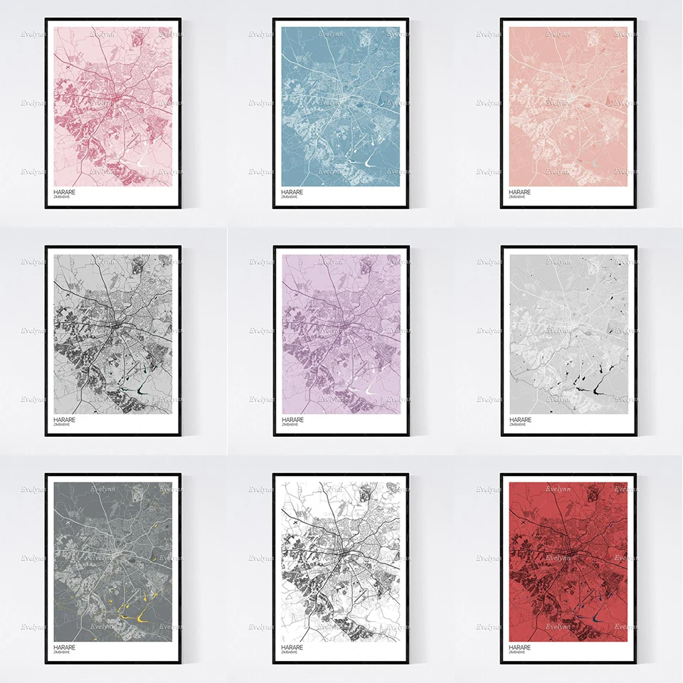 Harare, Zimbabwe Map Nordic Retro Minimalism Painting Posters and