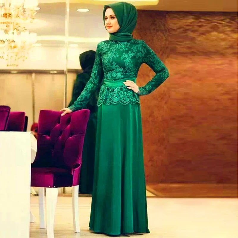 

Formal Lace Long Sleeve Muslim Evening Hijab Turkish Maxi Dubai Islamic Clothing To Prom Gown Party mother of the bride dresses