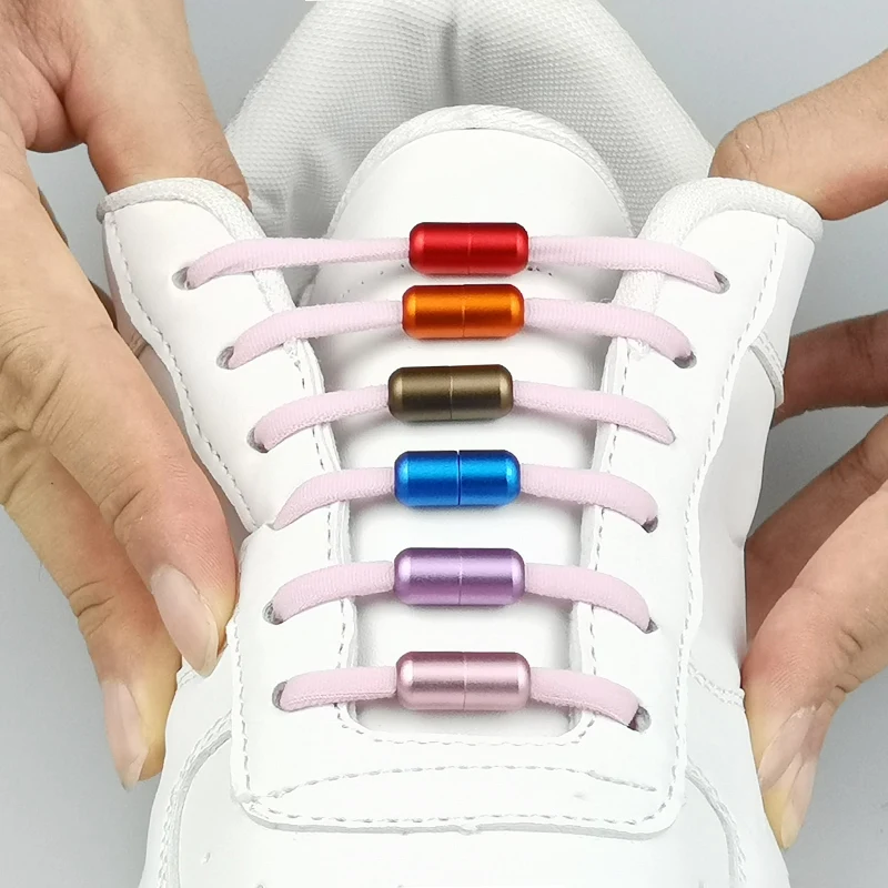 1Pair Metal Lock Shoelaces Round Elastic Shoe Laces Special No Tie Shoelace for Men Women Lacing Rubber Zapatillas Candy Colors