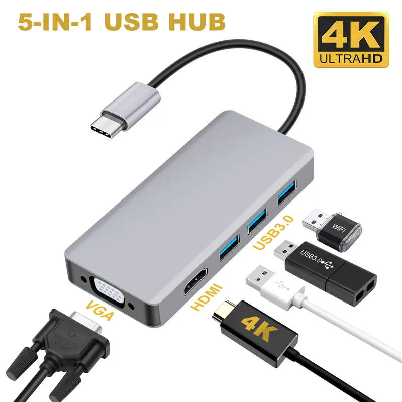 

USB C Hub 5-IN-1 USB C HDMI VGA Dual-Display Adapter with USB 3.0*3 HDMI 4K VGA 1080P @60HZ Thunderbolt 3 Type C Hub for Macbook