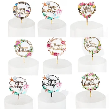 

happy birthday cake topper Flower shape acrylic cake toppers baby girl boy birthday party cake decor flags birthday decorations