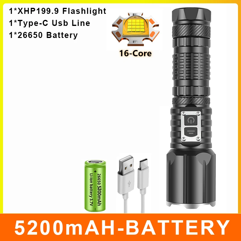 hyper tough torch 5000000LM Most Powerful LED Flashlight XHP199 USB Rechargeable Flash Light 5 Modes Zoom Torch Tactial Flash Lantern Use 26650 waterproof flashlights Flashlights