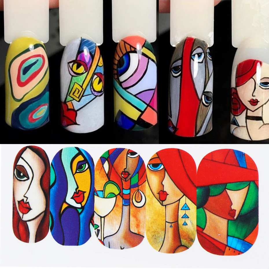 1pc Abstract Face Nail Water Stickers Decals Colorful Beauty Cool Girls Slider Charming New Year Decorations LYSTZ906-921