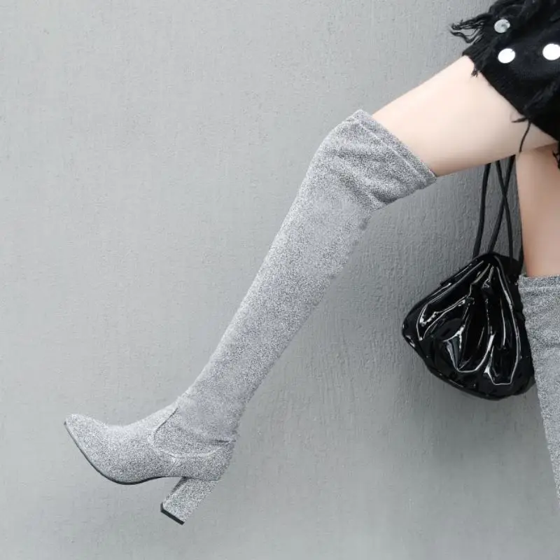 Haoshen&Girl Women Over the Knee High Boots Sequi Special fabric Stretch boots High Heel Thin High Boots Winter Shoes Size 10.5