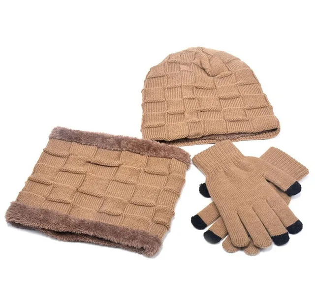 Зимний модный мужской комплект из 3 предметов, шапка и перчатки, теплая вязаная плюшевая шапочка, зимние аксессуары для мужчин - Цвет: Khaki 3 Pcs Set