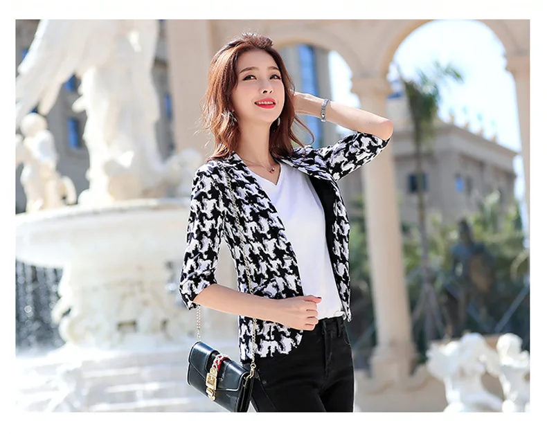 HanOrange Chequered Retro Leopard Print Small OL Women Plaid Short Blazer Spring Autumn 3 Quarter Sleeve Jacket