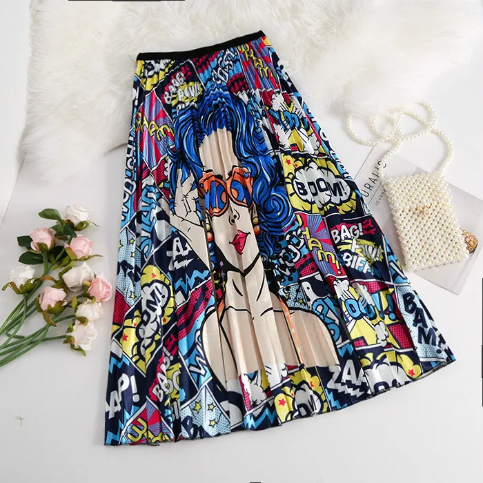 Faldas plisadas con estampado de rayas para mujer, faldas con estampado de rayas Vintage, cintura alta, longitud de pantorrilla, dibujos animados, moda activa para fiesta, novedad de verano 2021