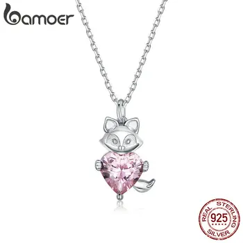 

bamoer GAN179 Fox Heart CZ Pendant Necklace for Women Pink 925 Sterling Silver Stone Statement Jewelry Anniversary Gifts