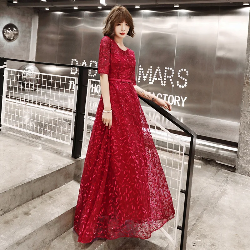 AE535 Robe De Soiree женское сексуальное ТРАПЕЦИЕВИДНОЕ ПЛАТЬЕ с короткими рукавами и круглым вырезом, кружевное недорогое вечернее платье вечерние платья