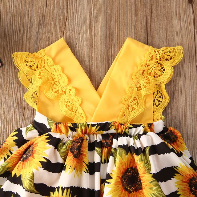 Newborn Baby Girl Clothes Lace Ruffle Sunflower Print Romper Headband 2Pcs Summer Sleeveless Outfits Sunsuit for 0-24Months 4