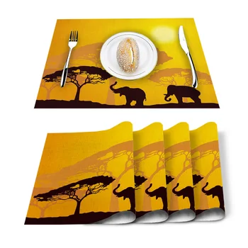 

Elephant Forest Jungle African Nature Placemat Washable Cotton Linen Table Cloth Pad Mat Rectangle Placemats Heat Resistant