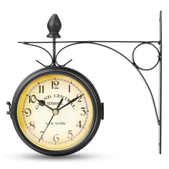 

Double Sided Round Wall Mount Station Clock Garden Vintage Retro Home Decor Metal Frame + Glass Dial Cover
