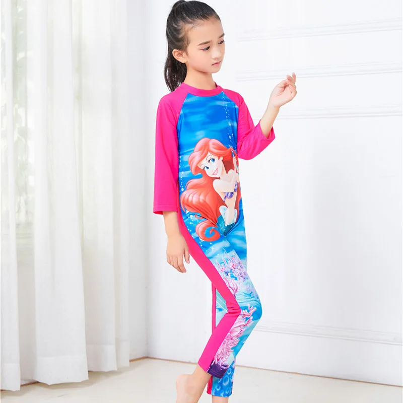 3-11Y Baby Girls Mermaid Swimsuit One Piece Long Sleeve Elsa Anna Cartoon Sophia Bathing Suits Quick-drying Beach Swimwear