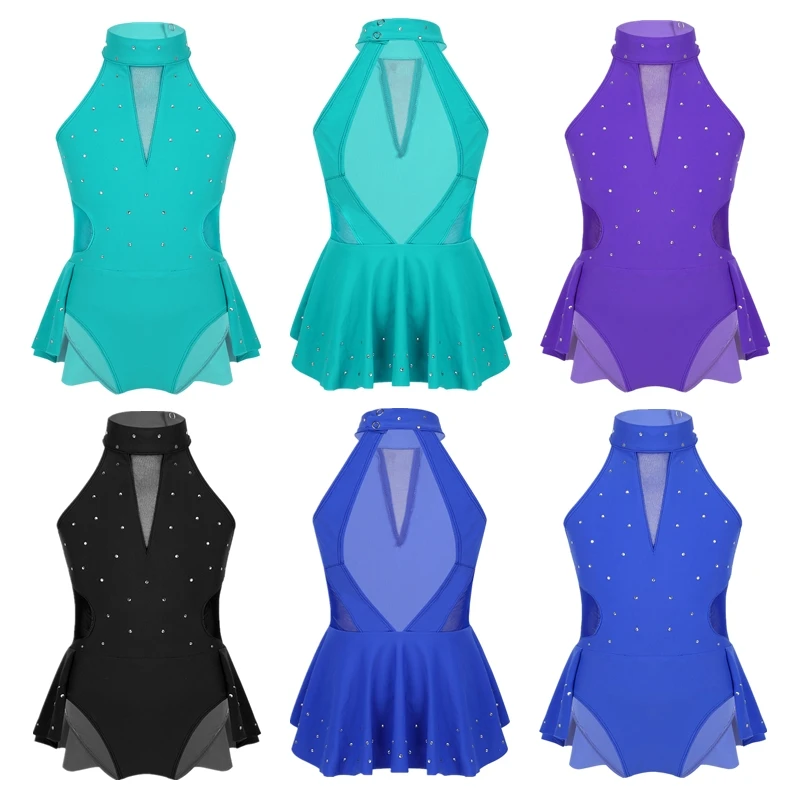 Kids Girls Sleeveless Sparkly Rhinestone Ballet Dance Leotard Modern Contemporary Ballroom Dance Stage Performance Dancewear